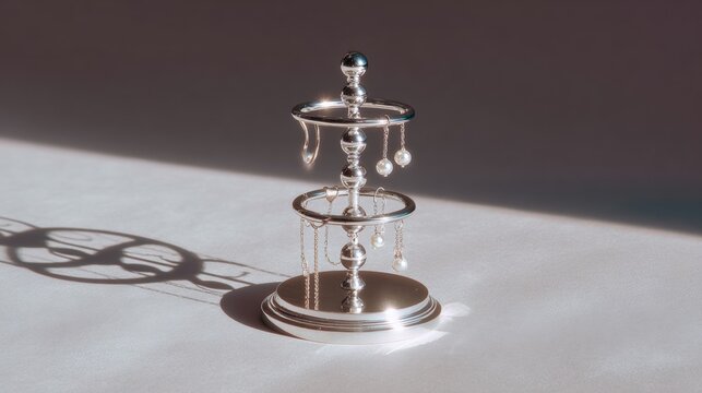 Silver jewelry stand on a white surface. the stand is made of metal and has three tiers, each with a unique design.