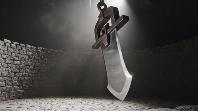 A Cinematic View of a Sword Hanging in a Dark Chamber with Dramatic Lighting