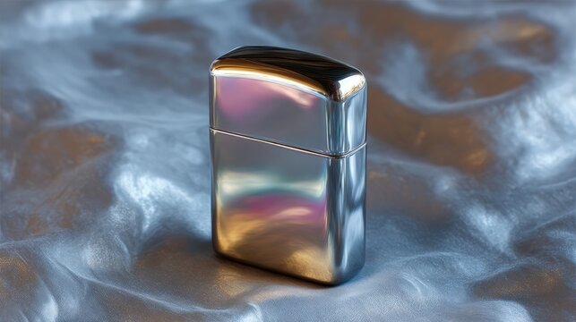 Close-up of a silver-colored lighter on a textured surface. the lighter has a shiny, metallic finish and appears to be made of glass or metal.