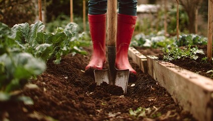 Person in red boots digging moist soil among leafy greens in a garden concept: sustainable gardening, organic growth, eco-friendly lifestyle.