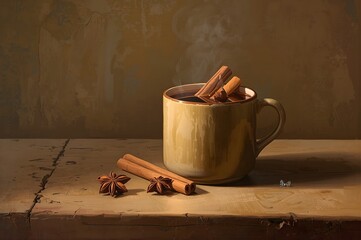 Rustic mug of hot chocolate with cinnamon sticks and star anise on a wooden surface, a cozy winter still life with warm, moody tones.