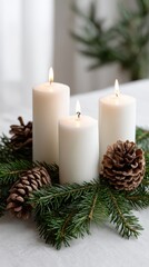 Peaceful advent wreath with three glowing candles for holiday decoration