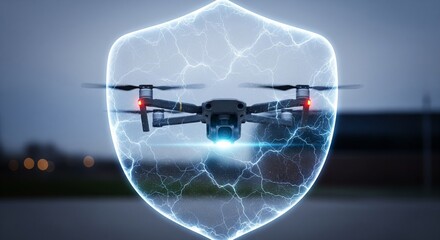 Drone hovering in front of translucent protective shield insurance concept