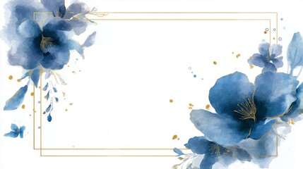 Naklejka premium Watercolor flowers in blue tones with golden glitter outlines framing a clean white background. Blue watercolor flowers with golden edges