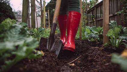 Person in red boots digging moist soil among leafy greens in a garden concept: sustainable gardening, organic growth, eco-friendly lifestyle.