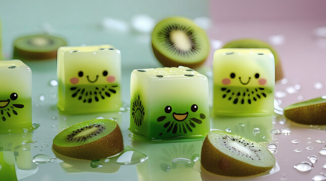 Adorable kiwi cubes with smiling faces, a fun and refreshing summer treat concept