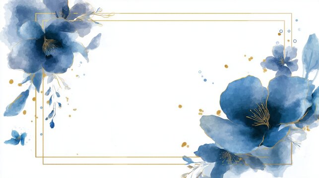 Watercolor flowers in blue tones with golden glitter outlines framing a clean white background. Blue watercolor flowers with golden edges