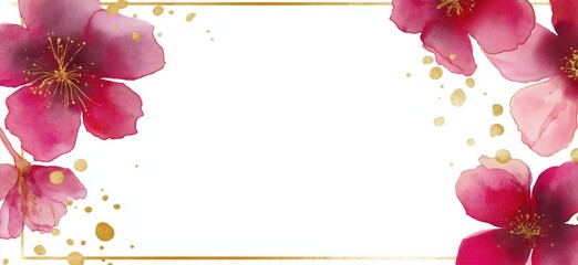 Watercolor flowers in pink tones with golden glitter outlines framing a clean white background. Magenta watercolor flowers with golden edges