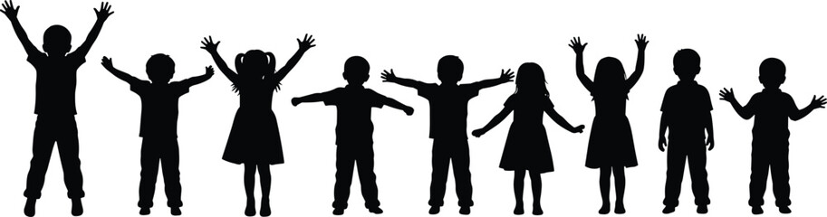 Silhouettes of diverse children standing in playful poses, representing unity, diversity, childhood, friendship, and education in vector illustration.