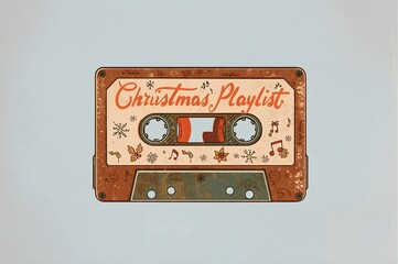 Vintage-style illustrated cassette labeled Christmas Playlist, a nostalgic retro music icon perfect for festive graphics, album covers, and holiday marketing.