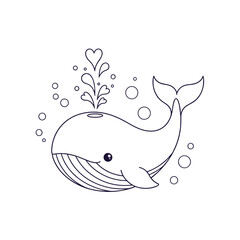 Cute whale illustration with bubbles and heart-shaped spray on isolated background 