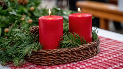 Festive christmas table decorations with red candles and greenery for holiday ambience