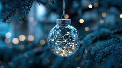 Christmas tree ornament with glass ball and twinkling lights for holiday decor