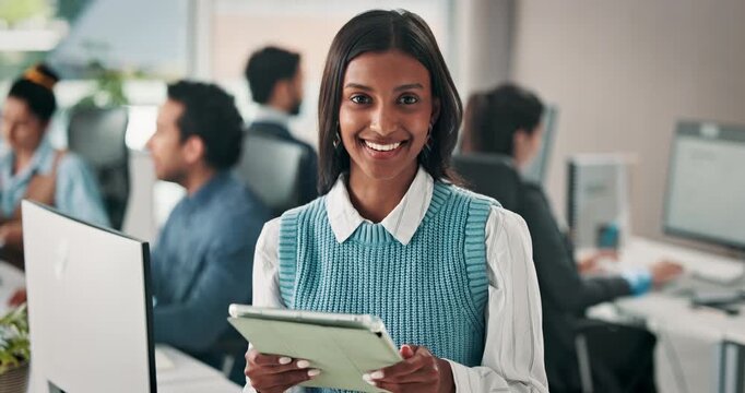 Happy woman, face and coordinator with tablet in agency for company management in office. Portrait, female person or project manager with smile on technology for performance review in workplace