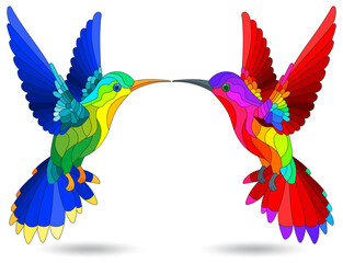 A set of stained glass illustrations with hummingbird birds, isolated on a white background