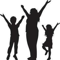 Happy family silhouette with raised arms, joyful children and mother celebrating together, unity and bonding concept for parenting and lifestyle themes