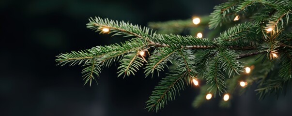 Close up of christmas tree branches with glowing lights for holiday decoration design