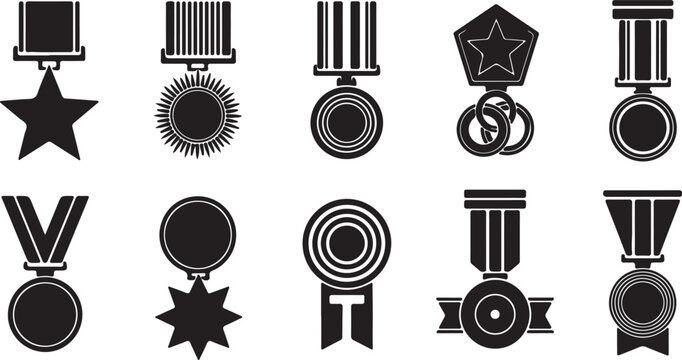 Collection of various military medals and awards in black silhouette, representing honor, achievement, and service