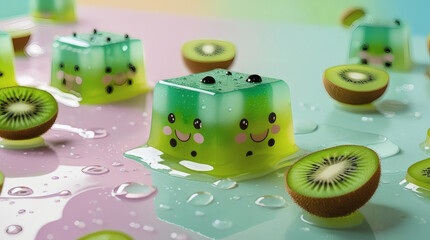 Kiwi Jello Cubes with Smiling Faces and Halved Kiwis