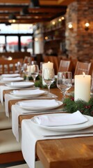 Elegant christmas dining table setting with candles and festive decorations for holiday celebration