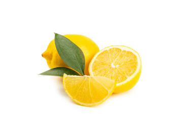 Lemon isolated on white background. Lemon fruits with a slice. Fresh lemon fruits with citrus leaves. Lemon juice. Pattern. Space for text.