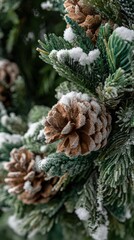 Frost covered pine cones on snowy evergreen branches for winter decoration