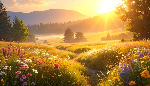 A sun-drenched field filled with wildflowers leads the eye to a misty forest and distant mountains. Golden sunlight bathes the scene