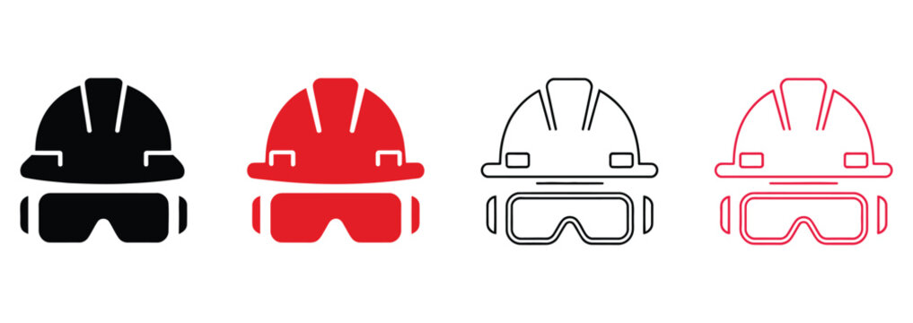 Essential construction safety icons offering a clean, modern look for your project needs, featuring protective helmets and eyewear in bold black and red color palettes