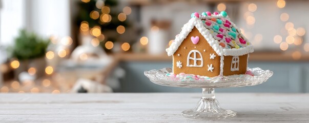 Gingerbread house displayed on elegant glass stand for festive holiday decor