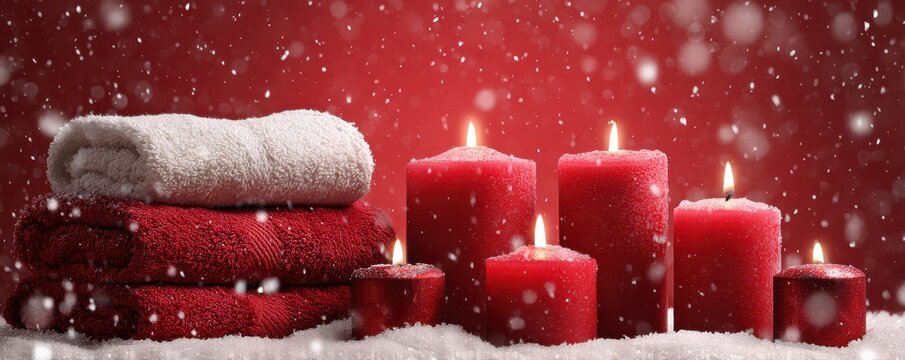 Festive christmas decor with red candles and towels for a cozy holiday ambiance