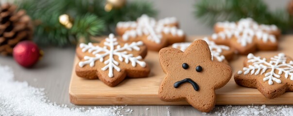 Sad face gingerbread cookies with white icing closeup for holiday baking or winter desserts