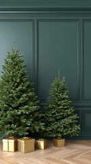 Elegant christmas interior with dark green walls and decorated trees