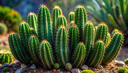 The image showcases a cluster of green cacti with sharp spines, standing tall against a blurred natural