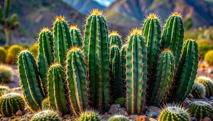 This image showcases a collection of spiky green cacti, beautifully arranged in a desert-like