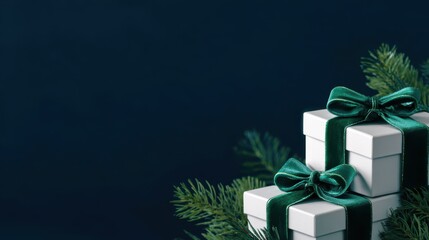 Elegant christmas gift boxes with emerald green velvet ribbons on dark background for holiday celebration