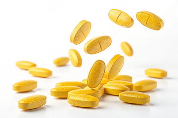 Falling yellow supplement tablets. Medicine. Vitamins. White background.