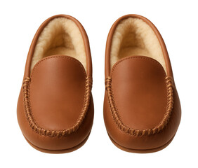 Moccasin-style slippers lined with soft shearling and decorative stitching.