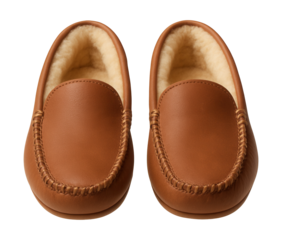 Moccasin-style slippers lined with soft shearling and decorative stitching.