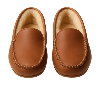 Moccasin-style slippers lined with soft shearling and decorative stitching.