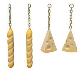 Set of plastic keychains in shape of baguette and swiss cheese wedge. 3d illustration isolated on white