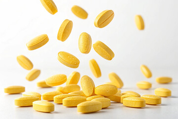 Falling yellow supplement tablets. Medicine. Vitamins. White background.