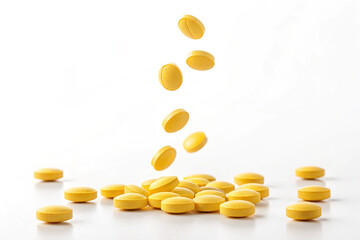 Falling yellow supplement tablets. Medicine. Vitamins. White background.