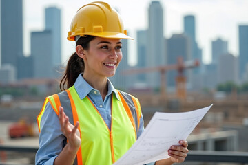 Female Engineer on Construction Site: Smiling Woman in Safety Vest and Hard Hat Holding Blueprints