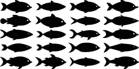 Repeating pattern of diverse generic fish silhouettes, some facing left and right, arranged in a structured grid, representing marine life concepts.