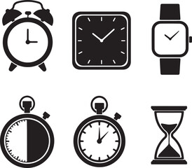 Black silhouette icons of time devices alarm clock, wall clock, wristwatch, stopwatch, and hourglass