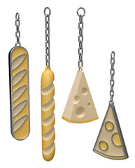 Set of metal and plastic keychains in shape of baguette and swiss cheese wedge. 3d illustration transparent background