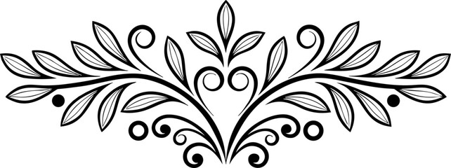 Elegant symmetrical flourish with stylized leaves and swirling scroll elements, a classic vintage ornamental divider in black and white for decorative design