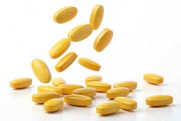 Falling yellow supplement tablets. Medicine. Vitamins. White background.