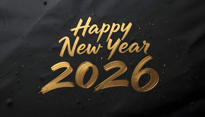 Golden brushstroke text Happy New Year 2026 on a dark textured background lettering