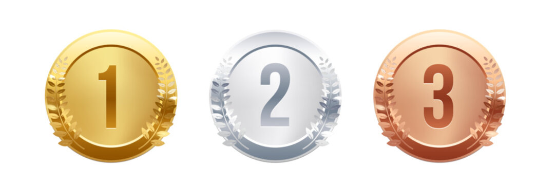 Gold, silver, bronze medals with laurel wreaths and numbers 1, 2, 3. Award icons for first, second, and third place. Winner podium symbols. Realistic vector illustration